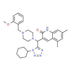 ChemSpider 2D Image | 3-{(1-Cyclohexyl-1H-tetrazol-5-yl)[4-(2-methoxybenzyl)-1-piperazinyl]methyl}-5,7-dimethyl-2(1H)-quinolinone | C31H39N7O2