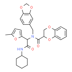 ChemSpider 2D Image | N-(1,3-Benzodioxol-5-ylmethyl)-N-[2-(cyclohexylamino)-1-(5-methyl-2-furyl)-2-oxoethyl]-2,3-dihydro-1,4-benzodioxine-2-carboxamide | C30H32N2O7