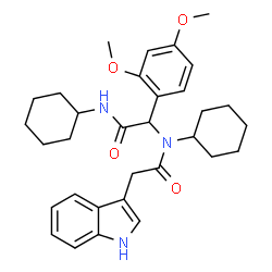 ChemSpider 2D Image | N-Cyclohexyl-N-[2-(cyclohexylamino)-1-(2,4-dimethoxyphenyl)-2-oxoethyl]-2-(1H-indol-3-yl)acetamide | C32H41N3O4