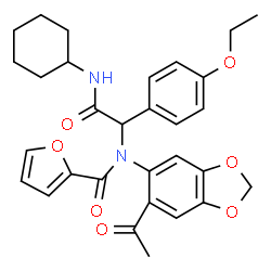 ChemSpider 2D Image | N-(6-Acetyl-1,3-benzodioxol-5-yl)-N-[2-(cyclohexylamino)-1-(4-ethoxyphenyl)-2-oxoethyl]-2-furamide | C30H32N2O7