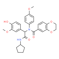 ChemSpider 2D Image | N-[2-(Cyclopentylamino)-1-(4-hydroxy-3-methoxyphenyl)-2-oxoethyl]-N-(4-methoxyphenyl)-2,3-dihydro-1,4-benzodioxine-6-carboxamide | C30H32N2O7