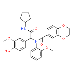 ChemSpider 2D Image | N-[2-(Cyclopentylamino)-1-(4-hydroxy-3-methoxyphenyl)-2-oxoethyl]-N-(2-methoxyphenyl)-2,3-dihydro-1,4-benzodioxine-6-carboxamide | C30H32N2O7