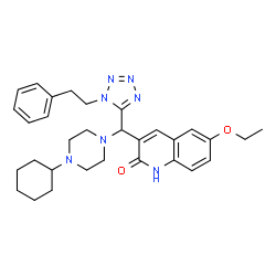 ChemSpider 2D Image | 3-{(4-Cyclohexyl-1-piperazinyl)[1-(2-phenylethyl)-1H-tetrazol-5-yl]methyl}-6-ethoxy-2(1H)-quinolinone | C31H39N7O2
