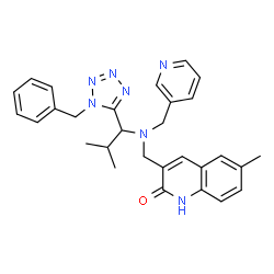 ChemSpider 2D Image | 3-({[1-(1-Benzyl-1H-tetrazol-5-yl)-2-methylpropyl](3-pyridinylmethyl)amino}methyl)-6-methyl-2(1H)-quinolinone | C29H31N7O