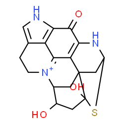 ChemSpider 2D Image | 16,18-Dihydroxy-11-oxo-15-thia-9,13-diaza-4-azoniaheptacyclo[12.6.1.1~3,7~.0~1,16~.0~2,12~.0~4,19~.0~10,22~]docosa-2(12),3,7,10(22)-tetraene | C18H18N3O3S
