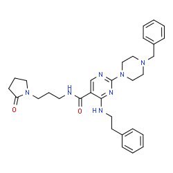 ChemSpider 2D Image | 2-(4-Benzyl-1-piperazinyl)-N-[3-(2-oxo-1-pyrrolidinyl)propyl]-4-[(2-phenylethyl)amino]-5-pyrimidinecarboxamide | C31H39N7O2