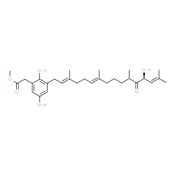 ChemSpider 2D Image | Methyl {2,5-dihydroxy-3-[(2E,6E,13S)-13-hydroxy-3,7,11,15-tetramethyl-12-oxo-2,6,14-hexadecatrien-1-yl]phenyl}acetate | C29H42O6