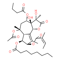 ChemSpider 2D Image | (3R,3aR,4S,6R,6aR,7S,8R,9bR)-6-Acetoxy-4-(butyryloxy)-3,3a-dihydroxy-3,6,9-trimethyl-8-{[(2Z)-2-methyl-2-butenoyl]oxy}-2-oxo-2,3,3a,4,5,6,6a,7,8,9b-decahydroazuleno[4,5-b]furan-7-yl octanoate | C34H50O12