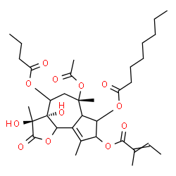 ChemSpider 2D Image | (3S,3aR,6S)-6-Acetoxy-4-(butyryloxy)-3,3a-dihydroxy-3,6,9-trimethyl-8-[(2-methyl-2-butenoyl)oxy]-2-oxo-2,3,3a,4,5,6,6a,7,8,9b-decahydroazuleno[4,5-b]furan-7-yl octanoate | C34H50O12