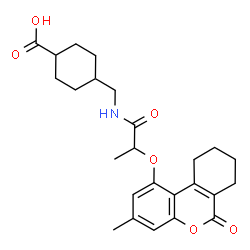 ChemSpider 2D Image | 4-[({2-[(3-Methyl-6-oxo-7,8,9,10-tetrahydro-6H-benzo[c]chromen-1-yl)oxy]propanoyl}amino)methyl]cyclohexanecarboxylic acid | C25H31NO6