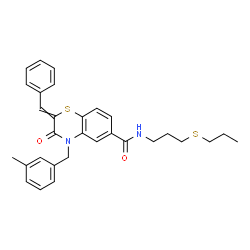 ChemSpider 2D Image | 2-Benzylidene-4-(3-methylbenzyl)-3-oxo-N-[3-(propylsulfanyl)propyl]-3,4-dihydro-2H-1,4-benzothiazine-6-carboxamide | C30H32N2O2S2