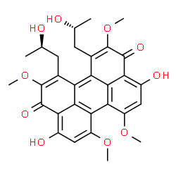 ChemSpider 2D Image | 4,9-Dihydroxy-1,12-bis[(2R)-2-hydroxypropyl]-2,6,7,11-tetramethoxy-3,10-perylenedione | C30H30O10