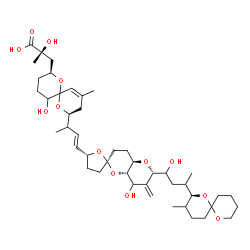 ChemSpider 2D Image | (2R)-2-Hydroxy-3-[(2S,8S)-5-hydroxy-8-{(3E)-4-[(2R,4a'R,5R,6'S,8a'S)-8'-hydroxy-6'-{1-hydroxy-3-[(2S)-3-methyl-1,7-dioxaspiro[5.5]undec-2-yl]butyl}-7'-methyleneoctahydro-3H,3'H-spiro[furan-2,2'-pyrano
[3,2-b]pyran]-5-yl]-3-buten-2-yl}-10-methyl-1,7-dioxaspiro[5.5]undec-10-en-2-yl]-2-methylpropanoic acid | C44H68O13