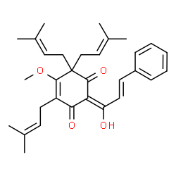 ChemSpider 2D Image | (2E)-2-[(2E)-1-Hydroxy-3-phenyl-2-propen-1-ylidene]-5-methoxy-4,6,6-tris(3-methyl-2-buten-1-yl)-4-cyclohexene-1,3-dione | C31H38O4