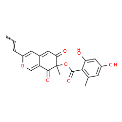 ChemSpider 2D Image | 7-Methyl-6,8-dioxo-3-[(1E)-1-propen-1-yl]-7,8-dihydro-6H-isochromen-7-yl 2,4-dihydroxy-6-methylbenzoate | C21H18O7