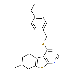 ChemSpider 2D Image | 4-[(4-Ethylbenzyl)sulfanyl]-7-methyl-5,6,7,8-tetrahydro[1]benzothieno[2,3-d]pyrimidine | C20H22N2S2