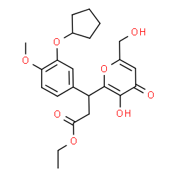 ChemSpider 2D Image | Ethyl 3-[3-(cyclopentyloxy)-4-methoxyphenyl]-3-[3-hydroxy-6-(hydroxymethyl)-4-oxo-4H-pyran-2-yl]propanoate | C23H28O8