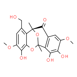 ChemSpider 2D Image | (1S)-6,11,12-Trihydroxy-3-(hydroxymethyl)-5,13-dimethoxy-1,9-dimethyl-8,17-dioxatetracyclo[7.7.1.0~2,7~.0~10,15~]heptadeca-2,4,6,10,12,14-hexaen-16-one | C20H20O9