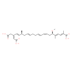 ChemSpider 2D Image | (2E,4E,6R,8Z,10E,14E,17S,18E,20Z)-20-(Carboxymethyl)-6-methoxy-2,5,17-trimethyl-2,4,8,10,14,18,20-docosaheptaenedioic acid | C28H38O7