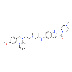 ChemSpider 2D Image | [5-({1-[{2-[(4-Methoxybenzyl)(2-pyridinyl)amino]ethyl}(methyl)amino]-2-propanyl}amino)-1H-indol-2-yl](4-methyl-1-piperazinyl)methanone | C33H43N7O2