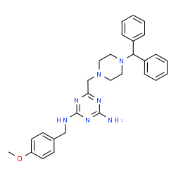 ChemSpider 2D Image | 6-{[4-(Diphenylmethyl)-1-piperazinyl]methyl}-N-(4-methoxybenzyl)-1,3,5-triazine-2,4-diamine | C29H33N7O