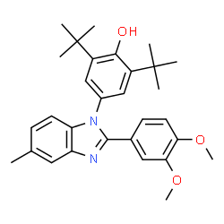 ChemSpider 2D Image | 4-[2-(3,4-Dimethoxyphenyl)-5-methyl-1H-benzimidazol-1-yl]-2,6-bis(2-methyl-2-propanyl)phenol | C30H36N2O3