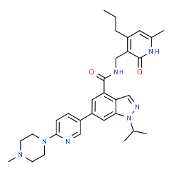 ChemSpider 2D Image | 1-Isopropyl-N-[(6-methyl-2-oxo-4-propyl-1,2-dihydro-3-pyridinyl)methyl]-6-[6-(4-methyl-1-piperazinyl)-3-pyridinyl]-1H-indazole-4-carboxamide | C31H39N7O2