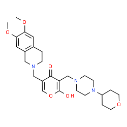 ChemSpider 2D Image | 5-[(6,7-Dimethoxy-3,4-dihydro-2(1H)-isoquinolinyl)methyl]-2-hydroxy-3-{[4-(tetrahydro-2H-pyran-4-yl)-1-piperazinyl]methyl}-4H-pyran-4-one | C27H37N3O6