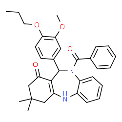 ChemSpider 2D Image | 10-Benzoyl-11-(3-methoxy-4-propoxyphenyl)-3,3-dimethyl-2,3,4,5,10,11-hexahydro-1H-dibenzo[b,e][1,4]diazepin-1-one | C32H34N2O4