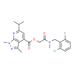 ChemSpider 2D Image | 2-[(2-Chloro-6-fluorobenzyl)(methyl)amino]-2-oxoethyl 6-isopropyl-1,3-dimethyl-1H-pyrazolo[3,4-b]pyridine-4-carboxylate | C22H24ClFN4O3