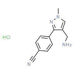 ChemSpider 2D Image | 4-[4-(Aminomethyl)-1-methyl-1H-pyrazol-3-yl]benzonitrile hydrochloride (1:1) | C12H13ClN4