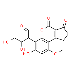 ChemSpider 2D Image | 3,4-Dihydroxy-2-(7-hydroxy-9-methoxy-3,4-dioxo-1,2,3,4-tetrahydrocyclopenta[c]chromen-6-yl)butanal | C17H16O8