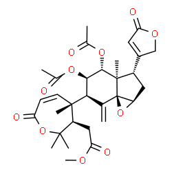 ChemSpider 2D Image | Methyl {(3R,4R)-4-[(1aR,3S,3aR,4R,5R,6R,7aS)-4,5-diacetoxy-3a-methyl-7-methylene-3-(5-oxo-2,5-dihydro-3-furanyl)octahydroindeno[1,7a-b]oxiren-6-yl]-2,2,4-trimethyl-7-oxo-2,3,4,7-tetrahydro-3-oxepinyl}
acetate | C31H38O11