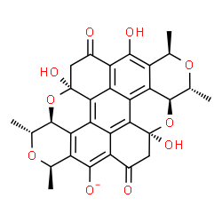 ChemSpider 2D Image | (1R,3R,3aS,4aS,8R,10R,10aS,11aS)-4a,11a,14-Trihydroxy-1,3,8,10-tetramethyl-6,13-dioxo-3,3a,5,6,8,10,10a,11a,12,13-decahydro-1H,4aH-2,4,9,11-tetraoxadibenzo[bc,kl]coronen-7-olate | C30H25O10