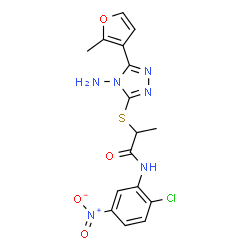 ChemSpider 2D Image | 2-{[4-Amino-5-(2-methyl-3-furyl)-4H-1,2,4-triazol-3-yl]sulfanyl}-N-(2-chloro-5-nitrophenyl)propanamide | C16H15ClN6O4S