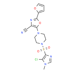ChemSpider 2D Image | 5-{4-[(5-Chloro-1-methyl-1H-imidazol-4-yl)sulfonyl]-1-piperazinyl}-2-(2-furyl)-1,3-oxazole-4-carbonitrile | C16H15ClN6O4S