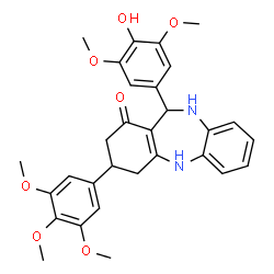 ChemSpider 2D Image | 11-(4-Hydroxy-3,5-dimethoxyphenyl)-3-(3,4,5-trimethoxyphenyl)-2,3,4,5,10,11-hexahydro-1H-dibenzo[b,e][1,4]diazepin-1-one | C30H32N2O7
