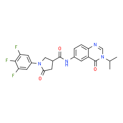 ChemSpider 2D Image | N-(3-Isopropyl-4-oxo-3,4-dihydro-6-quinazolinyl)-5-oxo-1-(3,4,5-trifluorophenyl)-3-pyrrolidinecarboxamide | C22H19F3N4O3