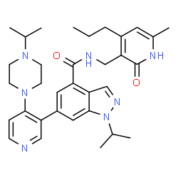 ChemSpider 2D Image | 1-Isopropyl-6-[4-(4-isopropyl-1-piperazinyl)-3-pyridinyl]-N-[(6-methyl-2-oxo-4-propyl-1,2-dihydro-3-pyridinyl)methyl]-1H-indazole-4-carboxamide | C33H43N7O2