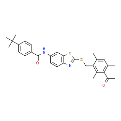 ChemSpider 2D Image | N-{2-[(3-Acetyl-2,4,6-trimethylbenzyl)sulfanyl]-1,3-benzothiazol-6-yl}-4-(2-methyl-2-propanyl)benzamide | C30H32N2O2S2