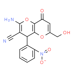 ChemSpider 2D Image | 2-Amino-4,8-dihydro-6-(hydroxymethyl)-4-(2-nitrophenyl)-8-oxopyrano[3,2-b]pyran-3-carbonitrile | C16H11N3O6