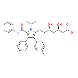 ChemSpider 2D Image | (3R,5R)-7-[3-(4-Fluorophenyl)-1-isopropyl-4-phenyl-5-(phenylcarbamoyl)-1H-pyrrol-2-yl]-3,5-dihydroxyheptanoate | C33H34FN2O5