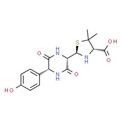 ChemSpider 2D Image | (2R,4S)-2-[(2S,5R)-5-(4-Hydroxyphenyl)-3,6-dioxo-2-piperazinyl]-5,5-dimethyl-1,3-thiazolidine-4-carboxylic acid | C16H19N3O5S