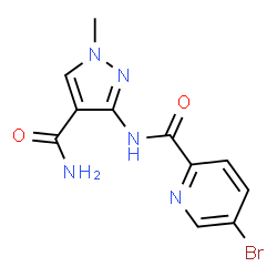 ChemSpider 2D Image | 5-Bromo-N-(4-carbamoyl-1-methyl-1H-pyrazol-3-yl)-2-pyridinecarboxamide | C11H10BrN5O2