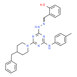 ChemSpider 2D Image | 2-[({4-(4-Benzyl-1-piperidinyl)-6-[(4-methylphenyl)amino]-1,3,5-triazin-2-yl}hydrazono)methyl]phenol | C29H31N7O