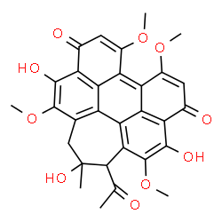 ChemSpider 2D Image | 1-Acetyl-2,5,12-trihydroxy-4,8,9,13-tetramethoxy-2-methyl-2,3-dihydro-1H-cyclohepta[ghi]perylene-6,11-dione | C30H26O10