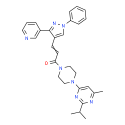 ChemSpider 2D Image | 1-[4-(2-Isopropyl-6-methyl-4-pyrimidinyl)-1-piperazinyl]-3-[1-phenyl-3-(3-pyridinyl)-1H-pyrazol-4-yl]-2-propen-1-one | C29H31N7O