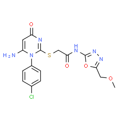 ChemSpider 2D Image | 2-{[6-Amino-1-(4-chlorophenyl)-4-oxo-1,4-dihydro-2-pyrimidinyl]sulfanyl}-N-[5-(methoxymethyl)-1,3,4-oxadiazol-2-yl]acetamide | C16H15ClN6O4S
