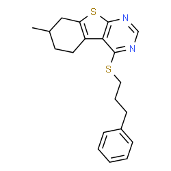 ChemSpider 2D Image | 7-Methyl-4-[(3-phenylpropyl)sulfanyl]-5,6,7,8-tetrahydro[1]benzothieno[2,3-d]pyrimidine | C20H22N2S2