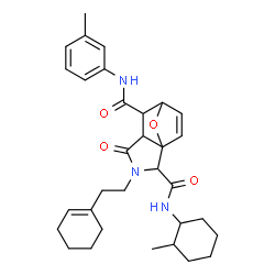 ChemSpider 2D Image | 3-[2-(1-Cyclohexen-1-yl)ethyl]-N~2~-(2-methylcyclohexyl)-N~6~-(3-methylphenyl)-4-oxo-10-oxa-3-azatricyclo[5.2.1.0~1,5~]dec-8-ene-2,6-dicarboxamide | C32H41N3O4